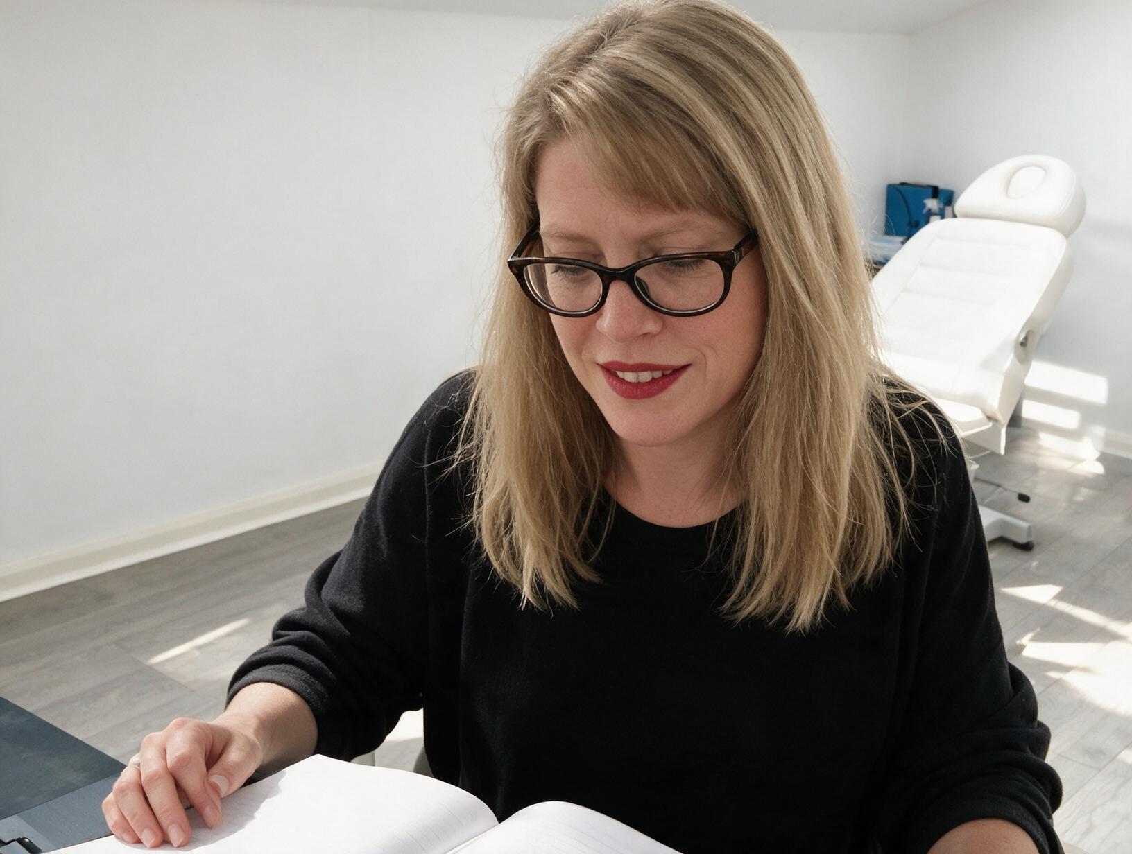 Woman with blonde hair and dark-framed glasses smiles while looking down at an open notebook