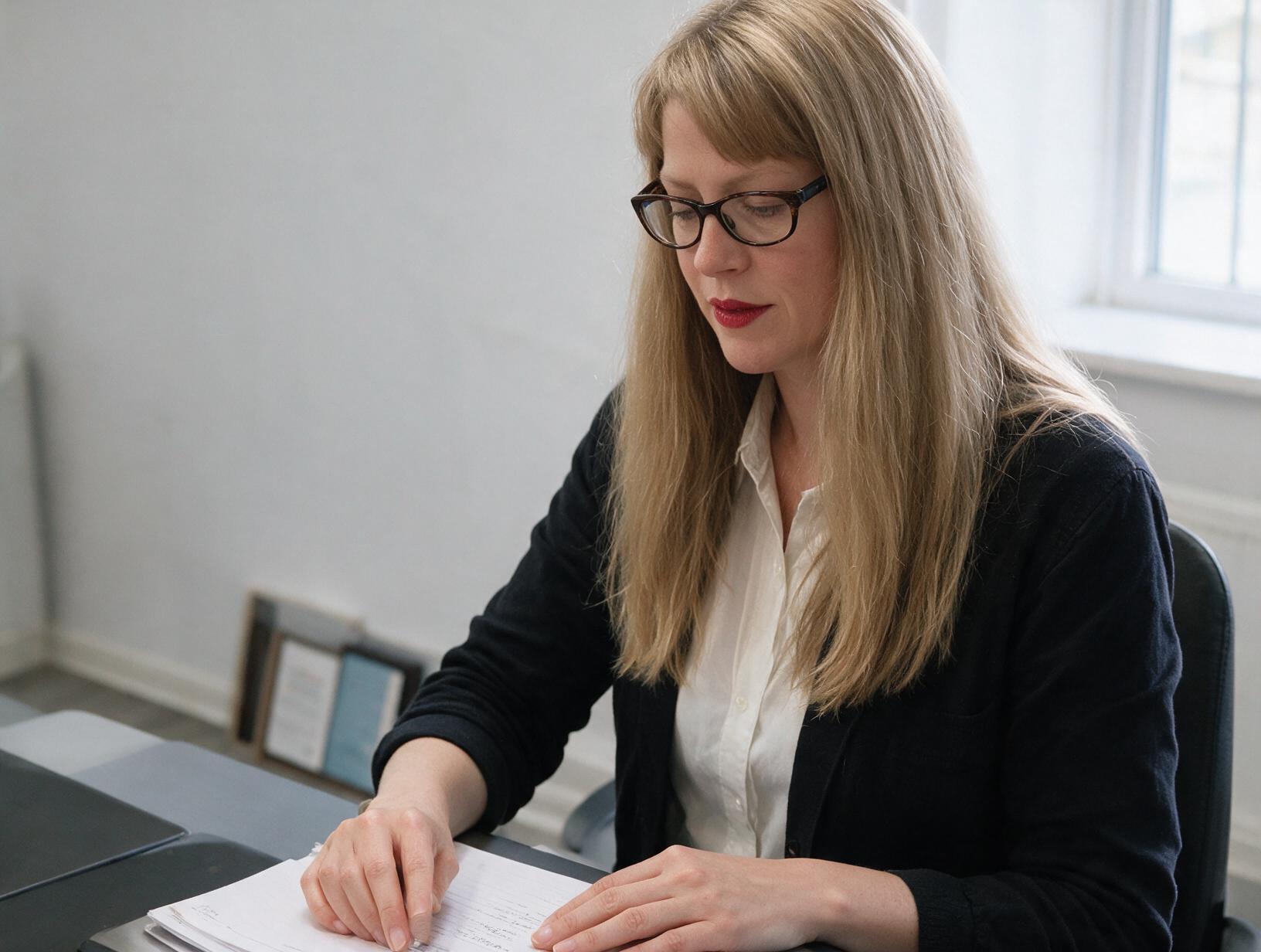 Woman with long blonde hair, glasses and red lipstick sits at a desk by a window, looking down at papers in a dark cardigan.