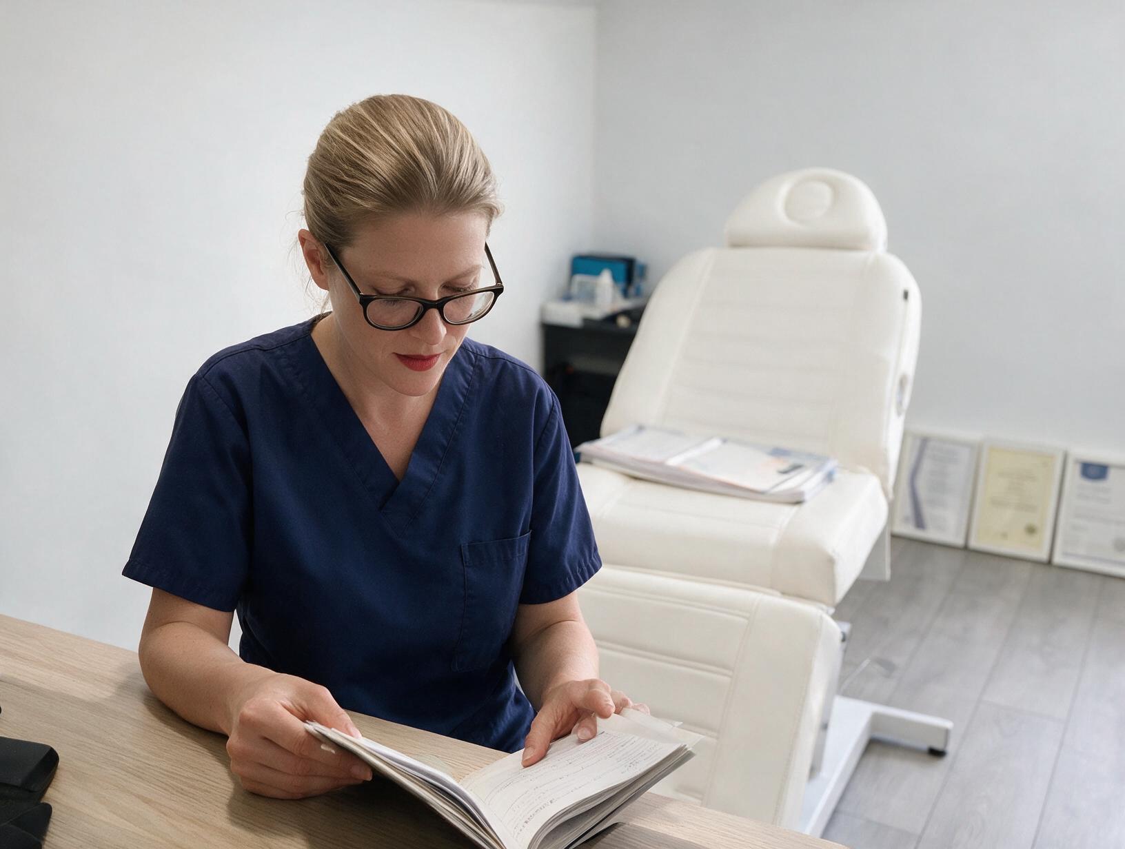 Woman in navy scrubs and glasses reading a notebook at a wooden desk, with a white treatment chair behind her.