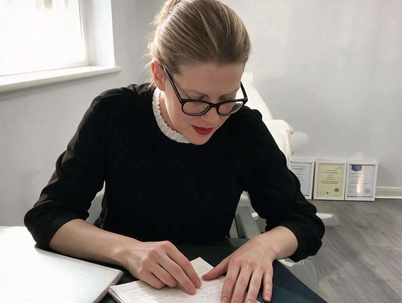 Woman with blonde hair in a bun and glasses, in a black top