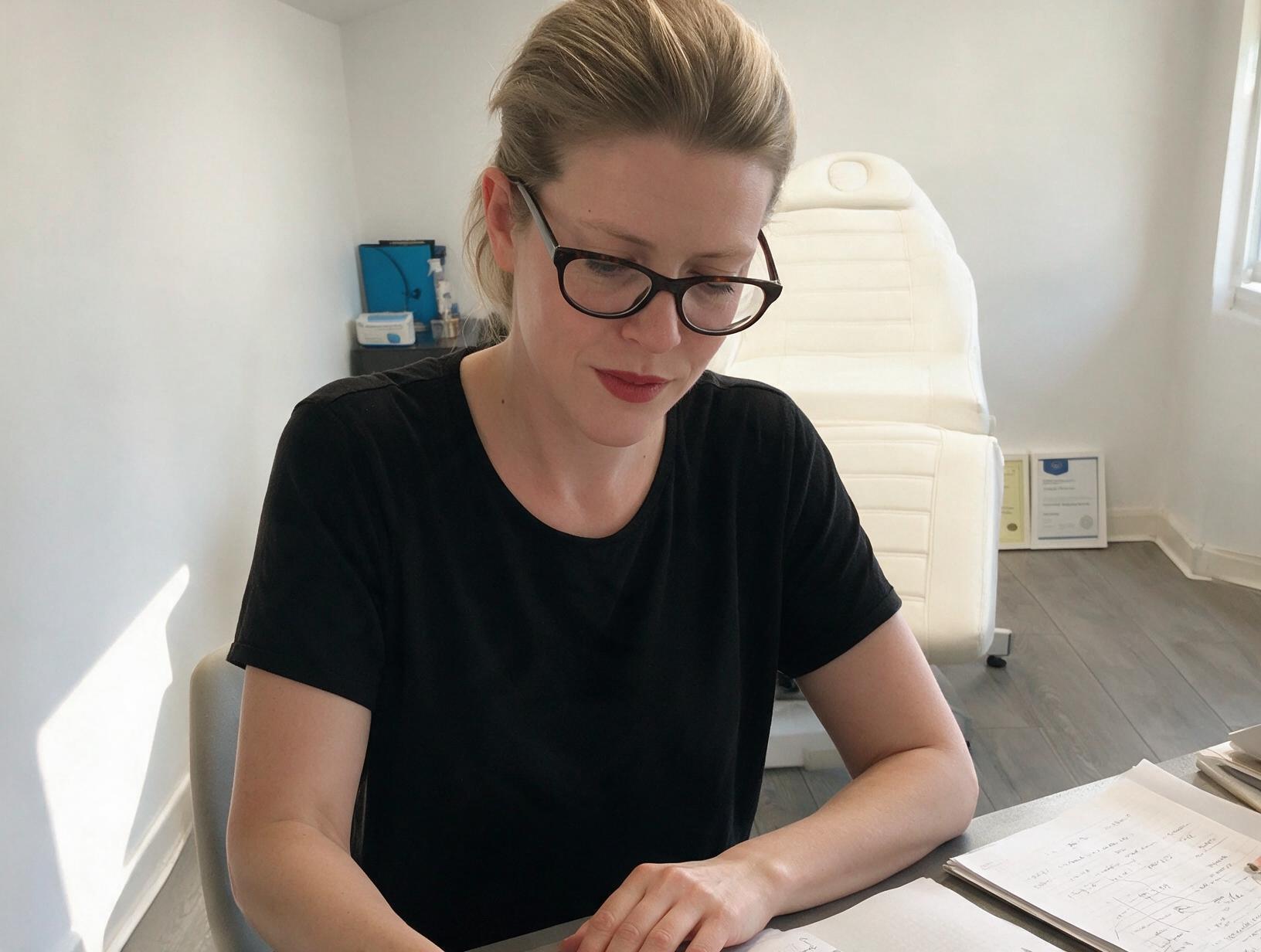 Woman with glasses and red lipstick in a black t-shirt looks down at handwritten notes at a desk