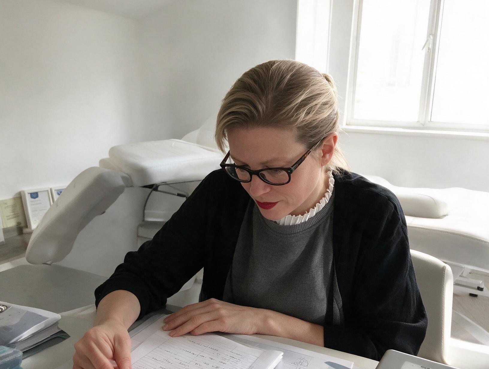 Woman with glasses, red lipstick and pulled-back blonde hair looks down at notes on a desk in a bright white treatment room.