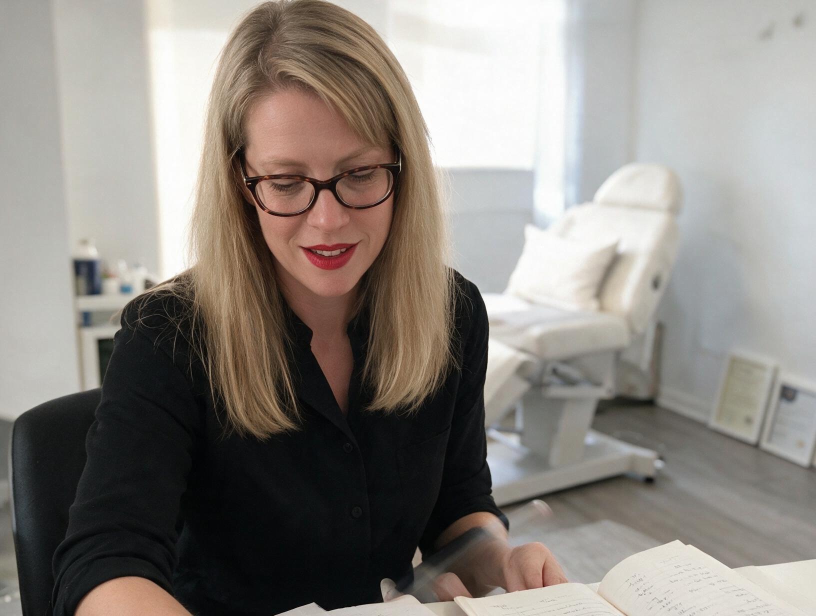 Blonde woman with glasses and red lipstick, in a black shirt
