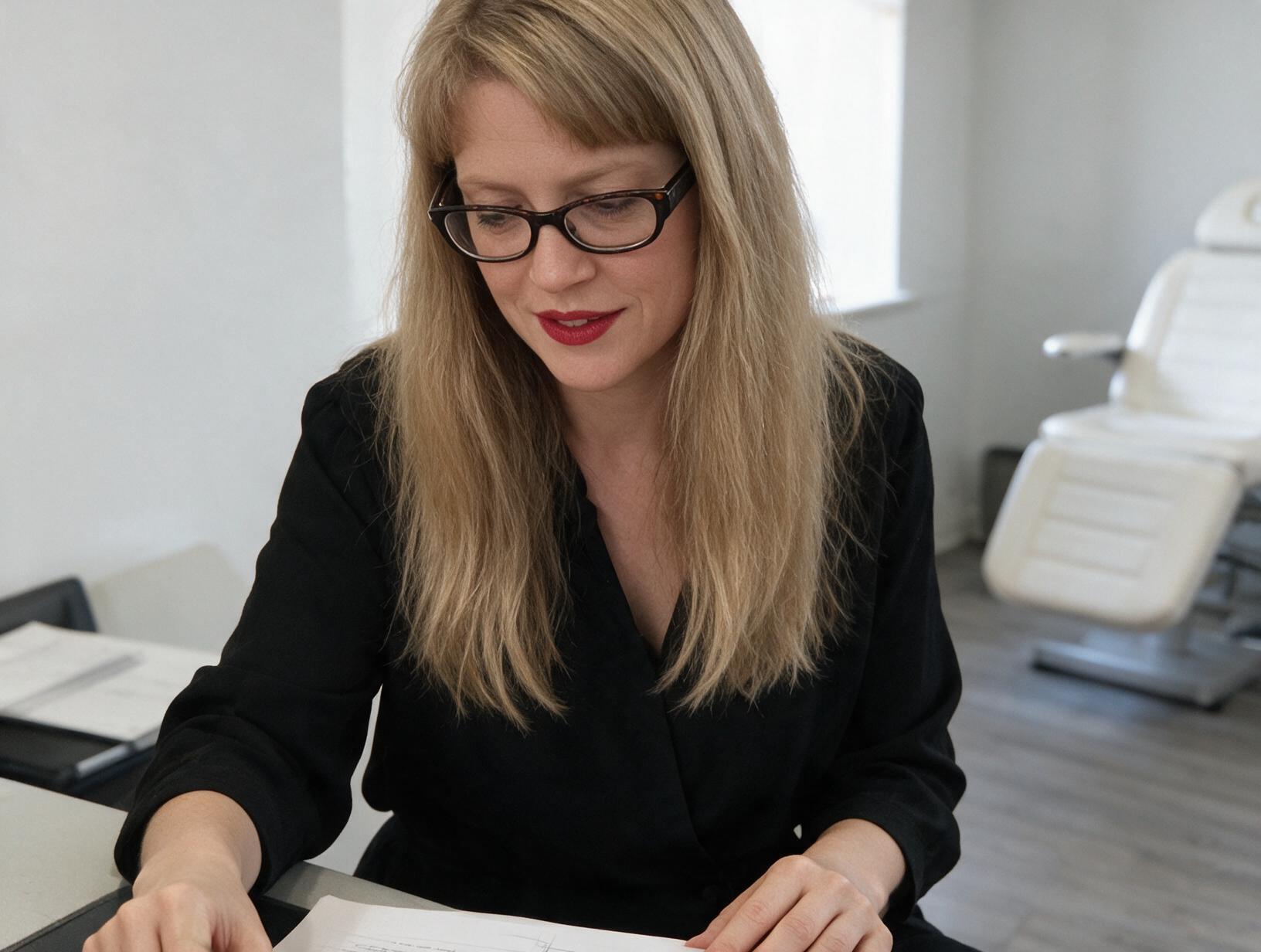 Woman with long blonde hair, fringe and dark glasses, in a black top